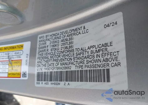 2024 Honda Accord Hybrid Sport-L z USA, uszkodzony, nr VIN 1HGCY2F76RA058662